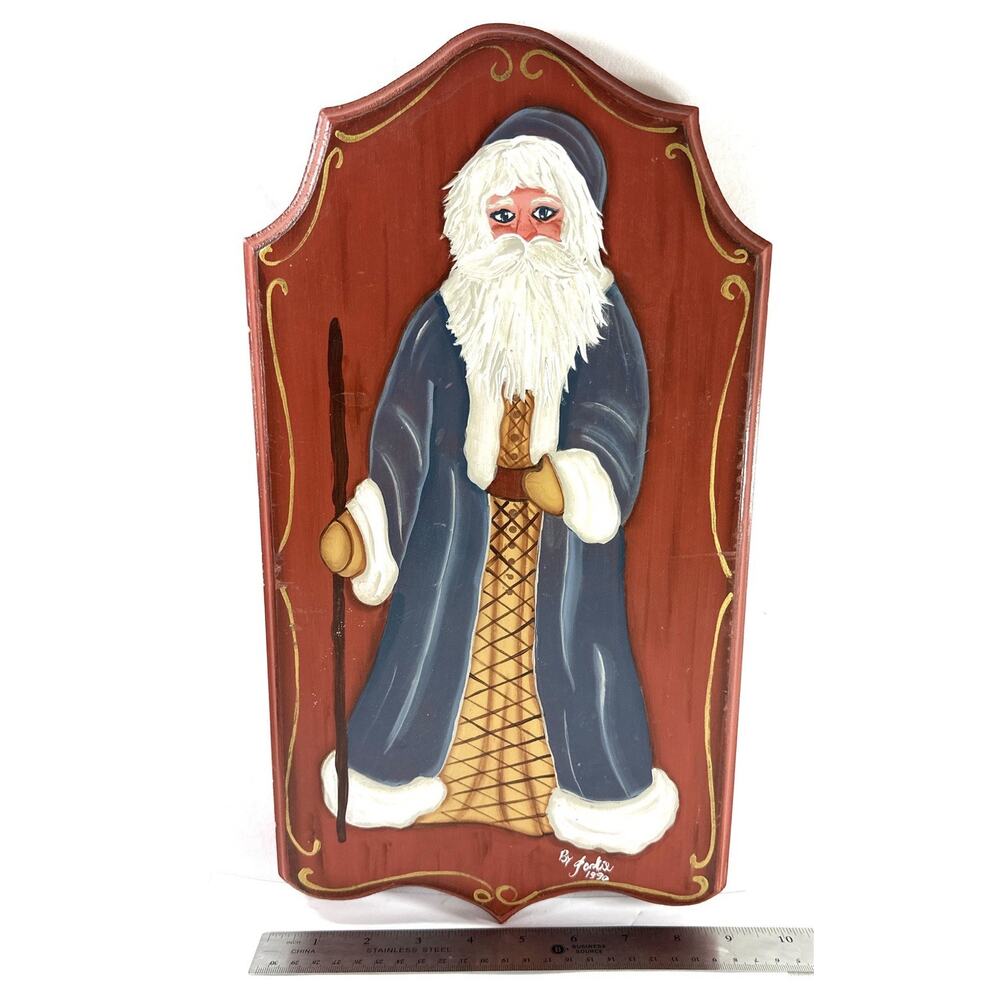 Folk Art Santa Claus Hand Painted Wooden Wall Plaque Signed Forkie 1990 16.5” - Picture 4 of 8